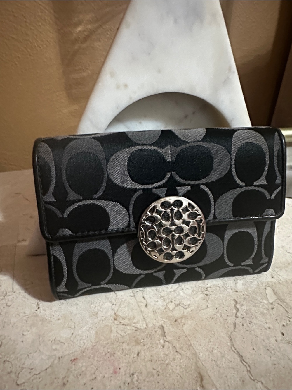 Coach Black & Charcoal Signature Canvas Clutch with Decorative Silver Medallion